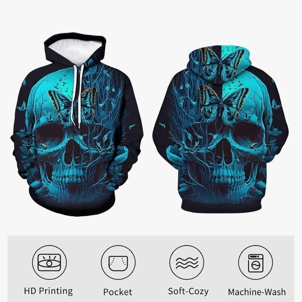 Men's Blue Skull Graphic Hoodie - Picture 3 of 6